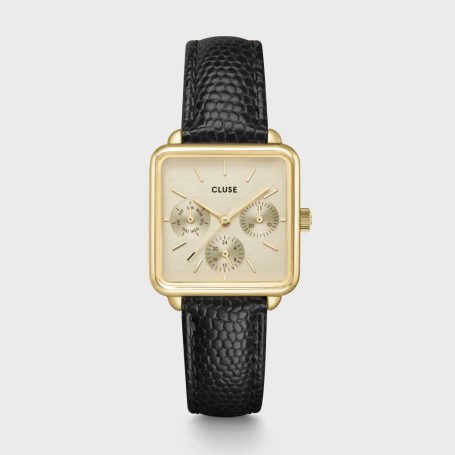 La Tétragone Multifunction Watch Leather, Black Lizard, Gold Colour