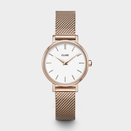 Boho Chic Petite Watch Mesh, White, Rose Gold Colour