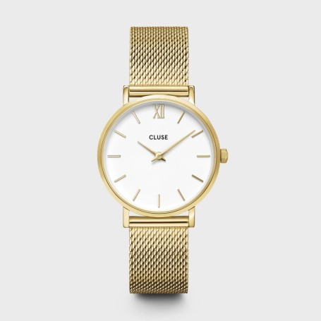 Minuit Watch Mesh, White, Gold Colour
